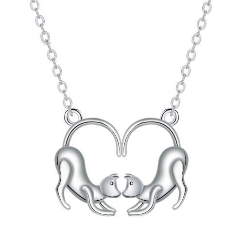 Zirkonia Mikro pflastern Messinghalsketten, Messing, mit Edelstahl Kette, mit Verlängerungskettchen von 5cm, Katze, silberfarben plattiert, Oval-Kette & Micro pave Zirkonia & für Frau, 22.6x16.5mm, Länge:ca. 45 cm, verkauft von Strang