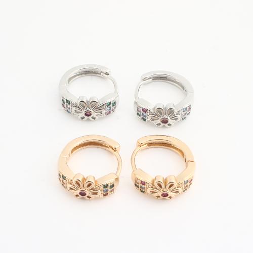 Brass Huggie Hoop Earring, Flower, plated, for woman & with rhinestone 