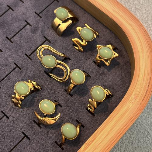 304 Stainless Steel Cuff Finger Ring, with Gemstone, gold color plated & for woman 