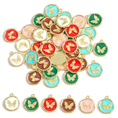 Colgantes de esmalte de la aleación del cinc, aleación de zinc, Redondo aplanado, chapado en color dorado, Bricolaje & con el patrón de la mariposa, más colores para la opción, 21x18mm, Vendido por UD