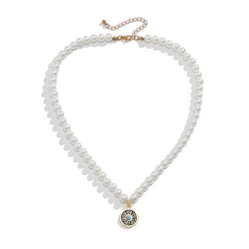 Plastic Pearl Necklace, with Zinc Alloy, with 2.7inch extender chain, Flat Round, gold color plated, for man & enamel Approx 18.5 Inch 