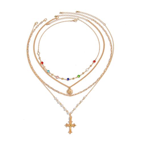 Copper Coated Iron Necklace, with brass chain & iron chain & Plastic Pearl & Zinc Alloy, Cross, plated, multilayer & for man & with rhinestone 