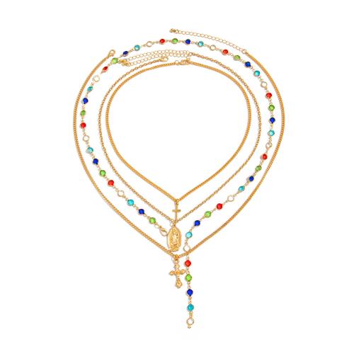 Zinc Alloy Necklace, with iron chain & Crystal, Cross, plated, multilayer & for man 