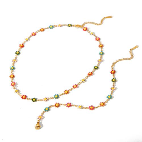 304 Stainless Steel Bracelet and Necklace, Flower, gold color plated & for woman & enamel 