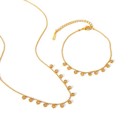 304 Stainless Steel Bracelet and Necklace, gold color plated & for woman & with rhinestone 