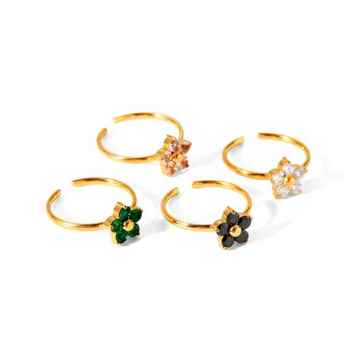 304 Stainless Steel Cuff Finger Ring, Flower, gold color plated, micro pave cubic zirconia & for woman 