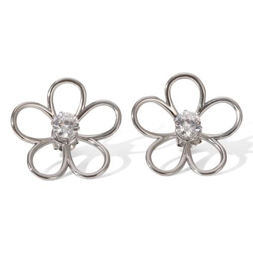 304 Stainless Steel Stud Earring, Flower, plated, for woman & with cubic zirconia & hollow 