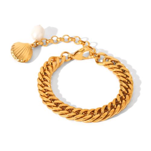 304 Stainless Steel Bracelet, with Freshwater Pearl, gold color plated, fashion jewelry & for woman 