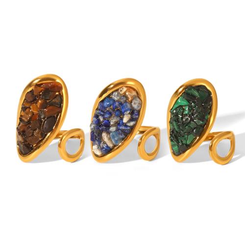 304 Stainless Steel Cuff Finger Ring, with Gemstone, gold color plated, vintage & for woman 