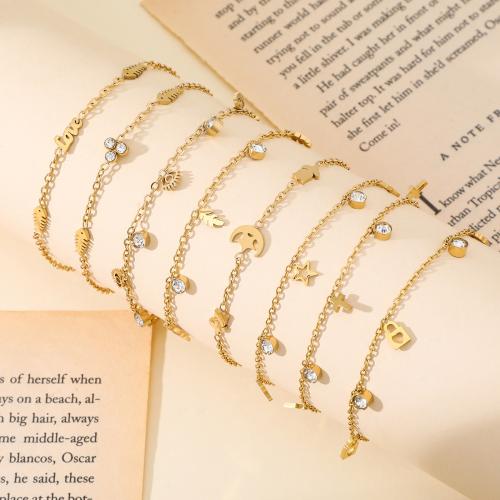 304 Stainless Steel Bracelet, gold color plated & for woman & with rhinestone Approx 22 cm 