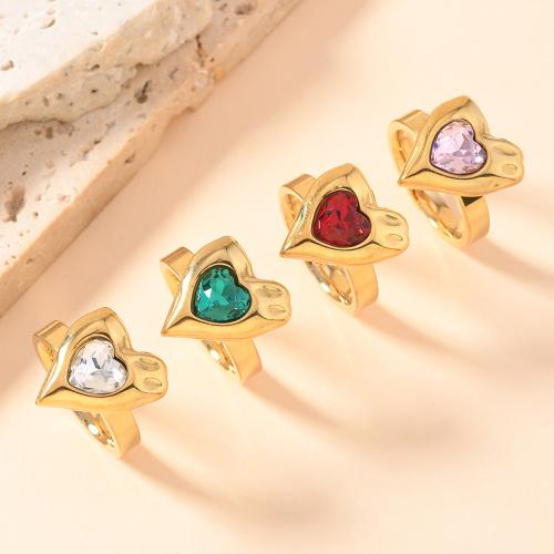 304 Stainless Steel Finger Ring, Heart, gold color plated & micro pave cubic zirconia & for woman US Ring 