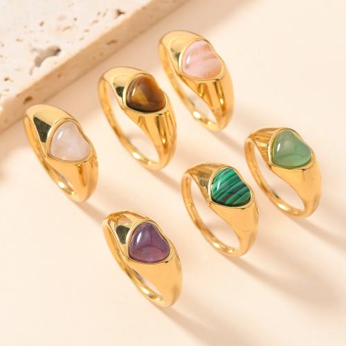304 Stainless Steel Finger Ring, with Gemstone, Heart, gold color plated, Unisex US Ring 