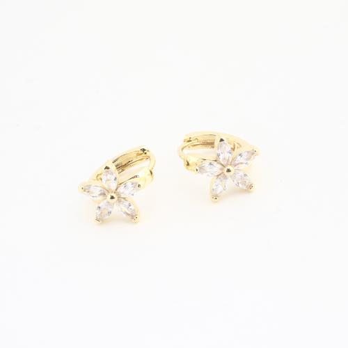 Brass Huggie Hoop Earring, Flower, gold color plated, for woman & with rhinestone 