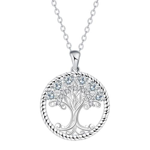Cubic Zircon Micro Pave Brass Necklace, with stainless steel chain, with 5cm extender chain, Tree, silver color plated, oval chain & micro pave cubic zirconia & for woman Approx 45 cm 