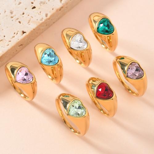 304 Stainless Steel Finger Ring, Heart, gold color plated, Unisex & with rhinestone US Ring 