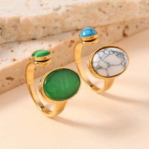 304 Stainless Steel Cuff Finger Ring, with Gemstone, gold color plated, Unisex 