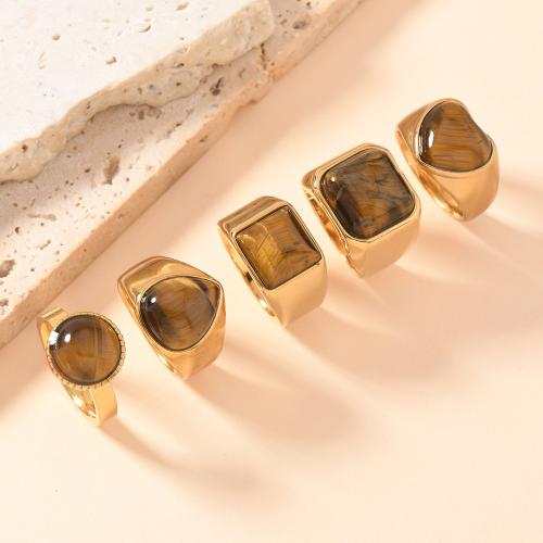 304 Stainless Steel Finger Ring, with Cats Eye, gold color plated, Unisex  US Ring 