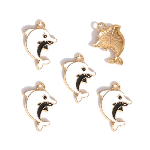 Zinc Alloy Enamel Pendants, Dolphin, gold color plated, DIY, white Approx 2mm 
