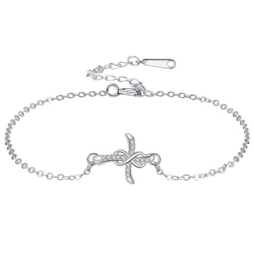 キュービックジルコニアマイクロパヴェブラスブレスレット, 銅, とともに ステンレス スチール チェーン, とともに 4cm エクステンダチェーン, クロス, シルバーメッキ, 調節の可能性がある & 楕円形の鎖 & マイクロパヴェジルコニア & 女性用 長さ:約 17 センチ, 売り手 ストランド