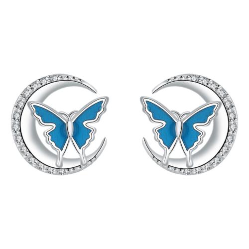 Cubic Zirconia Micro Pave Brass Earring, silver color plated, micro pave cubic zirconia & for woman & enamel, blue 