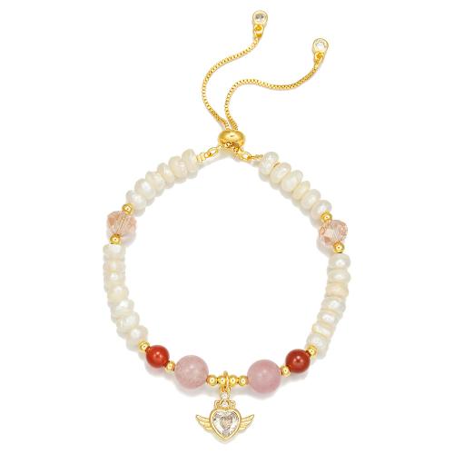 Freshwater Pearl Bracelet, with Gemstone & Brass & for woman & with rhinestone Approx 6.29-10.23 Inch 