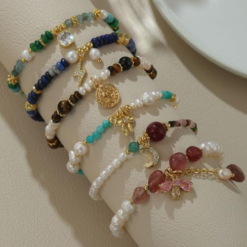 Natürliche kultivierte Süßwasserperlen Armband, mit Edelstein & Messing, mit Verlängerungskettchen von 1.96, verschiedene Stile für Wahl & Micro pave Zirkonia & für Frau, Länge:ca. 7.08 ZollInch, verkauft von PC