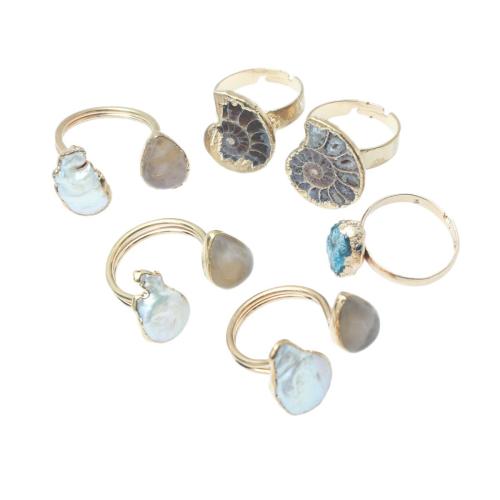 Piedra natural Anillo de dedo Cuff, con Perlas cultivadas de agua dulce & aleación de zinc, chapado en color dorado, enviado al azar & unisexo & ajustable & diferentes estilos para la opción, Vendido por UD