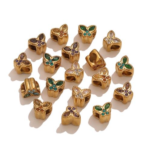 Stainless Steel Large Hole Beads, 304 Stainless Steel, Butterfly, gold color plated, DIY & with rhinestone Approx 4.4mm 