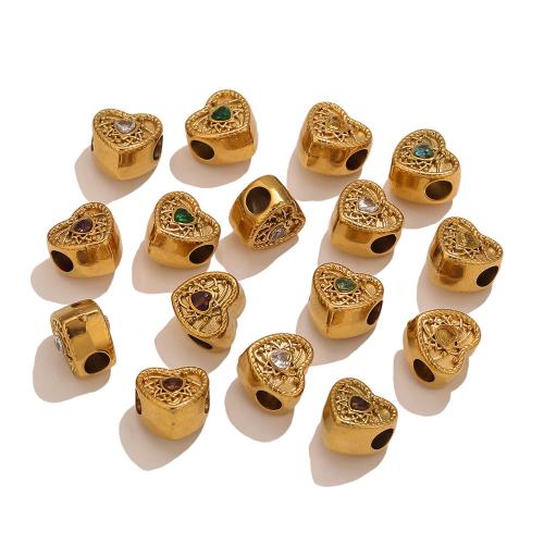 Stainless Steel Large Hole Beads, 304 Stainless Steel, Heart, gold color plated, DIY & with rhinestone Approx 4.1mm 