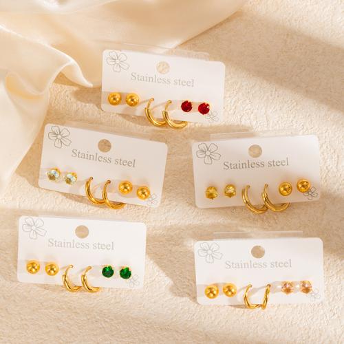 304 Stainless Steel Stud Earring Set, gold color plated, micro pave cubic zirconia & for woman 