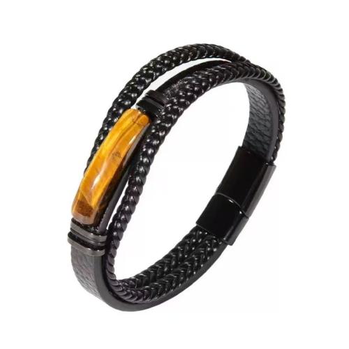 PU Leather Bracelet, with Gemstone & 304 Stainless Steel & Zinc Alloy, multilayer & Unisex 