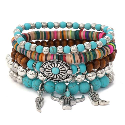 bois Set de bracelet, avec turquoise & argile de polymère & fil élastique & plastique revêtu de cuivre & alliage de zinc, fait à la main, unisexe & styles différents pour le choix, Diamètre inté Environ 55mm, Vendu par fixé