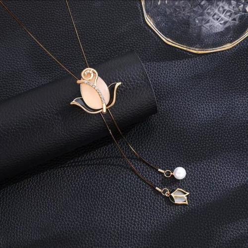 Cats Eye Sweater Chain Necklace, Zinc Alloy, with Cats Eye, Tulip, plated, micro pave cubic zirconia & for woman & enamel Approx 90 cm 
