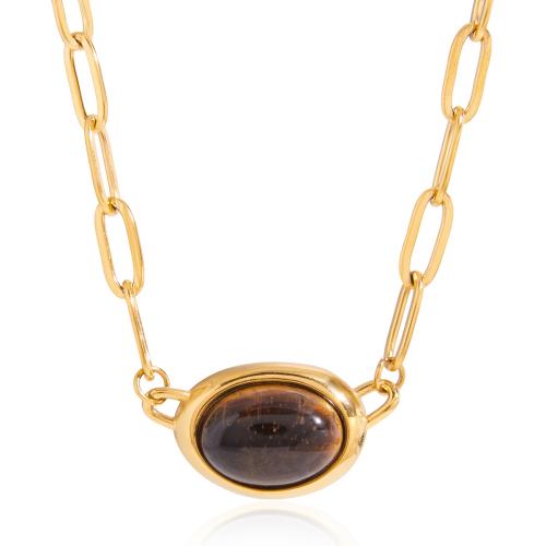 Tiger Eye Necklace, Stainless Steel, with Tiger Eye, with 5cm extender chain, gold color plated, oval chain & for woman, 13.3mm Approx 41 cm 