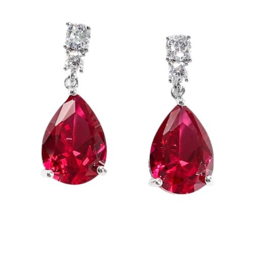 Brass Drop Earring, with Ruby Alumina, Teardrop, plated, for woman & with cubic zirconia 