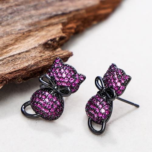 Brass Stud Earring, with Ruby Alumina, Cat, plated & micro pave cubic zirconia & for woman 