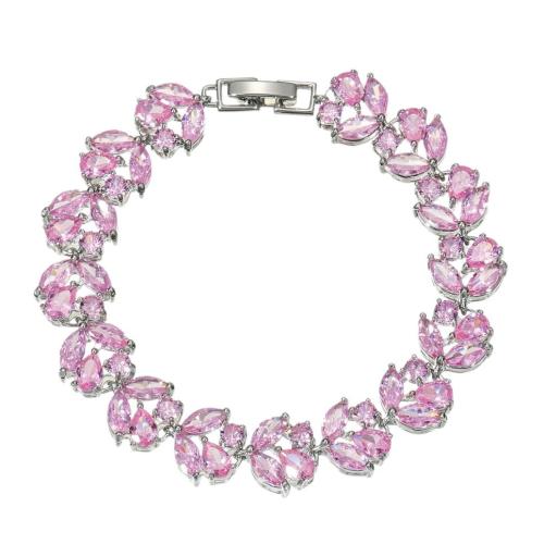 Brass Bracelet, Flower, plated, micro pave cubic zirconia & for woman 