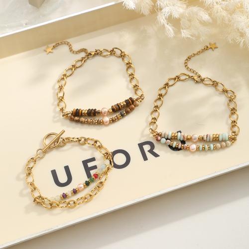 304 Stainless Steel Bracelet, with Gemstone & Plastic Pearl, with 5cm extender chain, gold color plated & for woman Approx 18 cm 