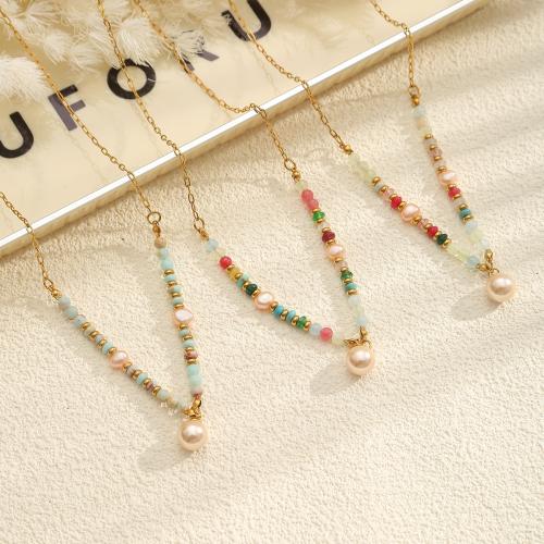 304 Stainless Steel Necklace, with Glass & Plastic Pearl, with 5cm extender chain, gold color plated, fashion jewelry & for woman Approx 45 cm 