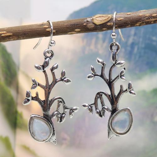 alliage de zinc Boucle d'oreille goutte, avec Moonstone, arbre, Plaqué de couleur d'argent, bijoux de mode & pour femme Vendu par paire