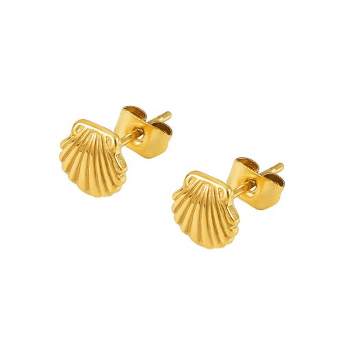 Acier inoxydable 304 boucle d oreille dormeuse, coquille, Placage de couleur d'or, bijoux de mode & pour femme, 7mm, Vendu par paire