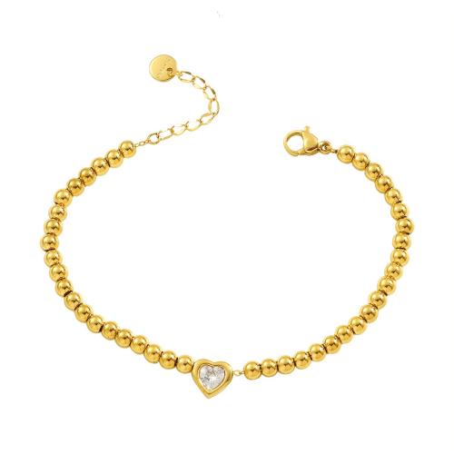acero inoxidable 304 Pulsera, con 3cm extender cadena, Corazón, chapado en color dorado, micro arcilla de zirconia cúbica & para mujer, longitud:aproximado 17 cm, Vendido por UD