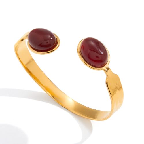 Stainless Steel Cuff Bangle, with Red Agate, gold color plated, for woman, red, 15.9mm, Inner Approx 64.9mm 