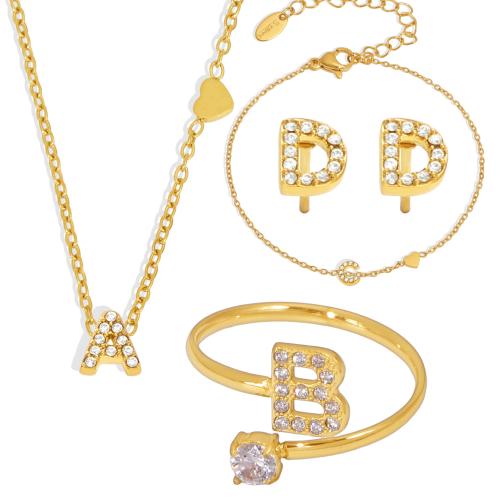 Ensemble de bijoux en acier de titane, Acier titane, Placage de couleur d'or, lettres sont de A à Z & styles différents pour le choix & pavé de micro zircon & pour femme, plus de couleurs à choisir, Vendu par PC[