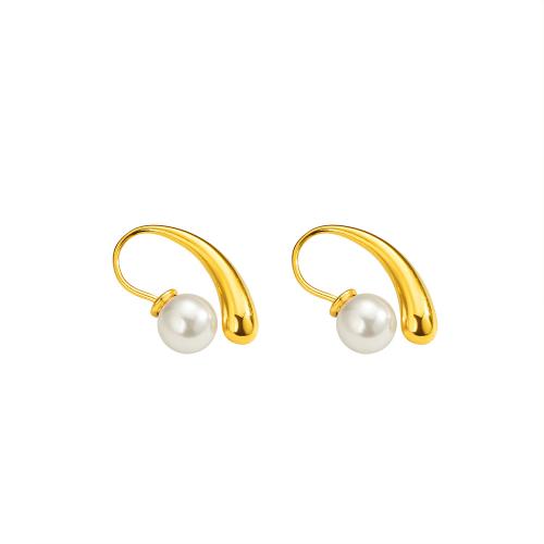Acier inoxydable 304 boucle d oreille dormeuse, avec perle de plastique, Placage de couleur d'or, bijoux de mode & pour femme Vendu par paire
