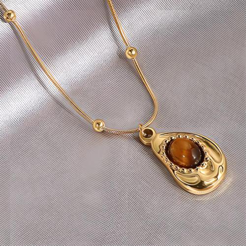 304 Stainless Steel Necklace, with Tiger Eye, irregular, gold color plated, snake chain & for woman Approx 17 Inch [