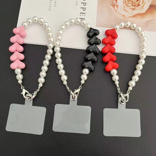 Plastic Pendant Mobile Phone Lanyard, Resin, with Plastic Pearl, Heart, handmade, anti-skidding & for woman Approx 29 cm 