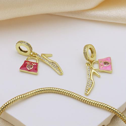 Colgantes de Europeo de latón, metal, Bolso de Mano, chapado en color dorado, Bricolaje & micro arcilla de zirconia cúbica & esmalte, más colores para la opción, 32mm, Vendido por UD