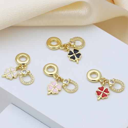 Colgantes de Europeo de latón, metal, Trébol de cuatro hojas, chapado en color dorado, Bricolaje & micro arcilla de zirconia cúbica & esmalte, más colores para la opción, 28mm, Vendido por UD