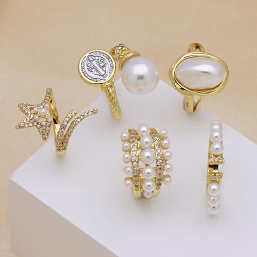 Befestigter Zirkonia Messingring Fingerring, Messing, mit Kunststoff Perlen, plattiert, verschiedene Stile für Wahl & Micro pave Zirkonia & für Frau, keine, verkauft von PC[